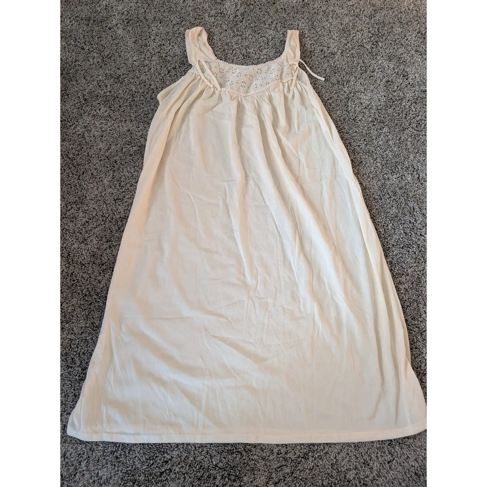 Vintage Ivory Lace Inset Nightgown Sleeveless Shoulder Tie Nylon Sleepwear Med - Picture 1 of 3
